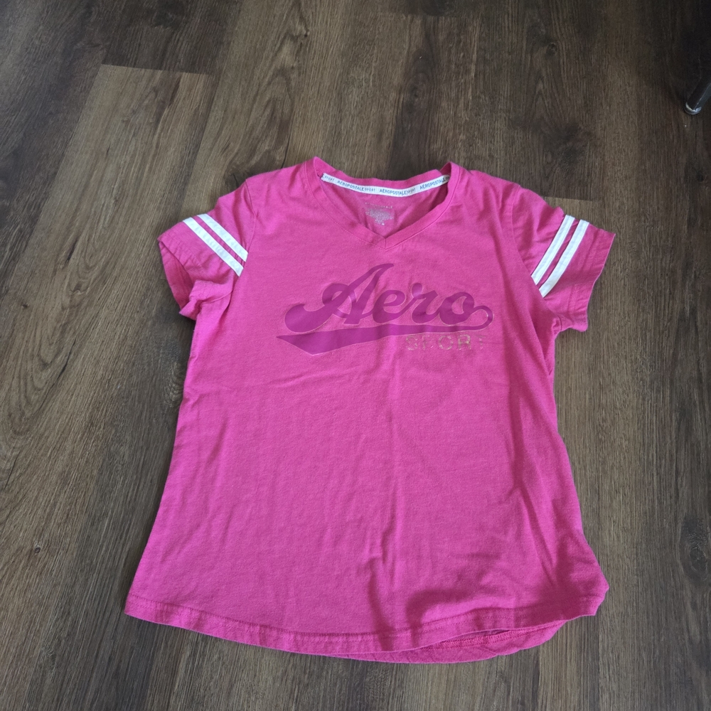 Aeropostale Pink V-Neck Tee with Stripes